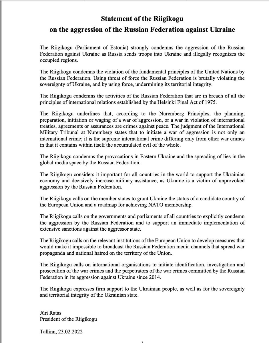 EerikNKross's tweet image. The Estonian Parliament just unanimously passed a resolution condemning the Russian aggression against Ukraine. It entails important language. I encourage everyone to read it and think about the gravity of what is said.