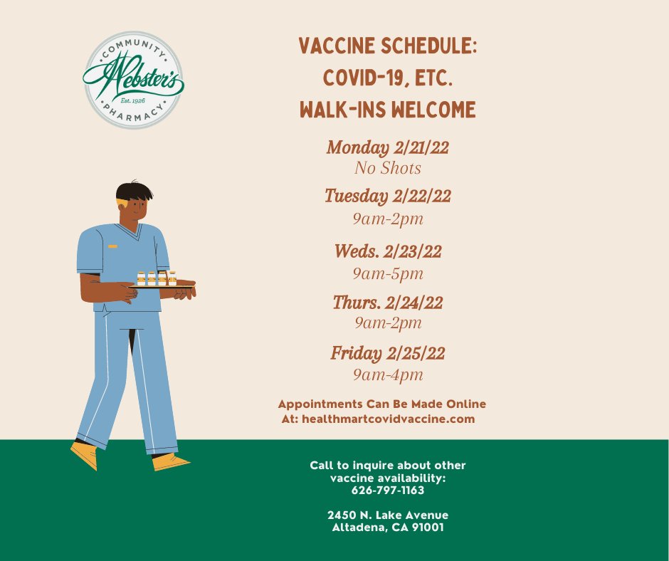 Our Vaccination Schedule for the week of 2/21/22