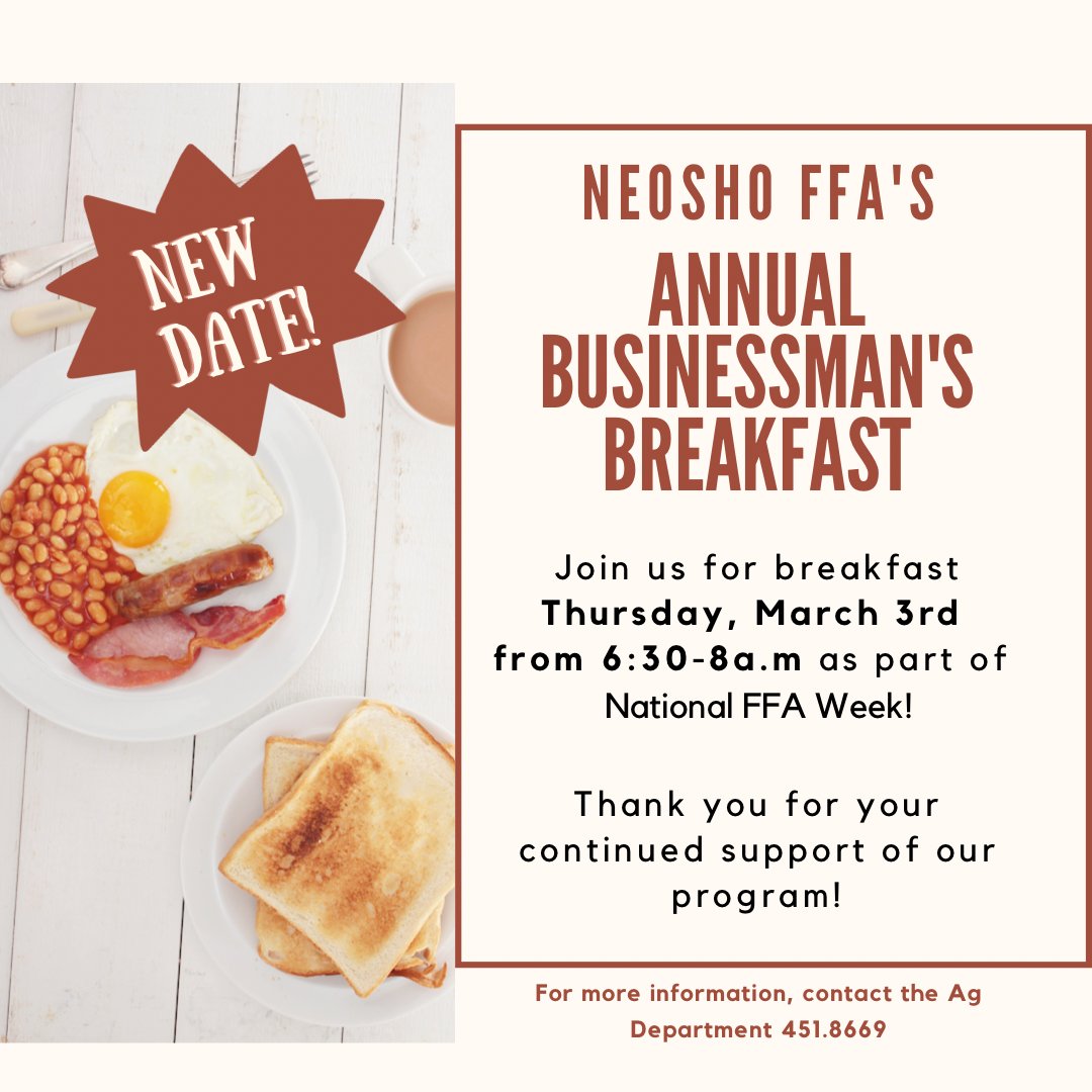 The FFA Breakfast has been rescheduled to next Thursday!