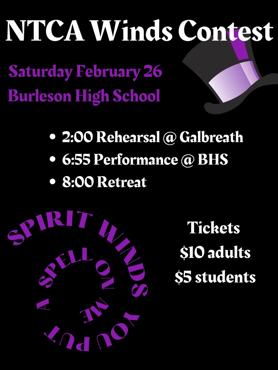 🎩Come out and support Spirit Winds at their first contest of the season!  
➡North Texas Colorguard Association Percussion/Winds Contest
🟣Saturday February 26
🕕6:55 Performance
📍Burleson High School 
🎟$10 adults $5 students 8 &amp; up
Full schedule: schedules.competitionsuite.com/fdb7c3c3-ae20-…...