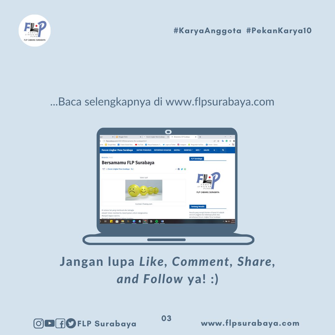 #puisi Bersamamu FLP Surabaya
Oleh: <a href="/saif_syadiri/">Saifuddin Syadiri</a> 

flpsurabaya.com/2021/09/bersam…

<a href="/FLPoke/">Forum Lingkar Pena</a> <a href="/BloggerFlp/">Si Paling Blogger</a>  #flpsurabaya #bloggerflp