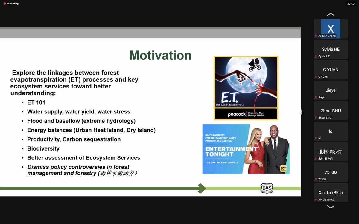 ET ≠ Entertainment Tonight     ET = evapotranspiration      

Enjoyed <a href="/SunForHydro/">Ge Sun</a>'s thought-provoking talk - Evapotranspiration: Key to Understanding Ecosystem Services