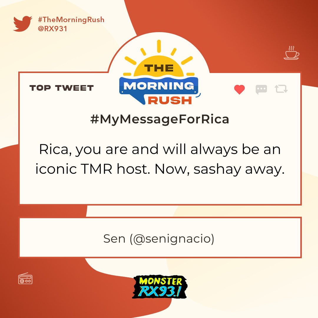 RX931's tweet photo. #MyMessageForRica from @senignacio #TheMorningRush https://t.co/2hhww5GJD2