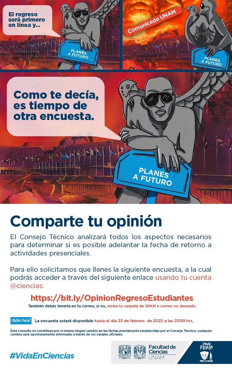 fciencias's tweet photo. ¡Quedan pocas horas #ContigoEstudiante… ¿ya revisaste tu correo y ya contestaste la #Encuesta sobre el regreso presencial? 😳 
¡No te quedes fuera, hagamos comunidad y entre todas y todos definamos nuestro futuro regreso! 👀⚙️https://t.co/Oi6ZuU1ngA
#EstudiarEnCiencias https://t.co/F8CkjHLYTq