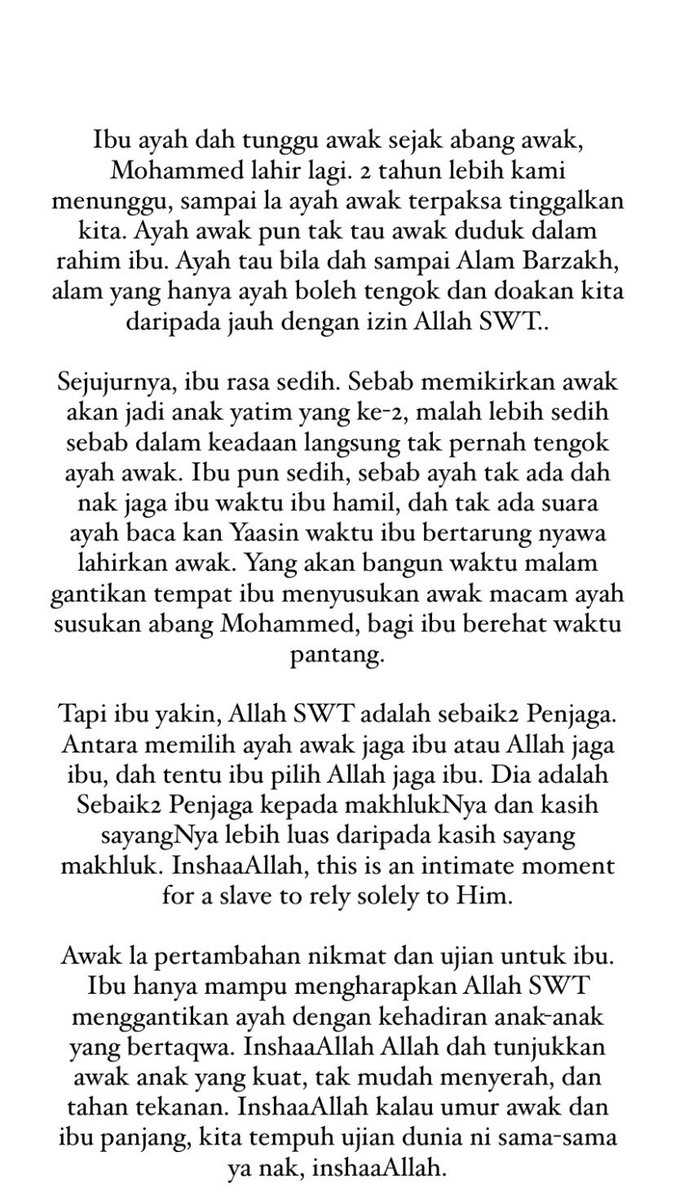 aziq_kirchhoff's tweet photo. ‘Jadi, maka jadi la’. Kuatnya awak, anak yang duduk dalam rahim ibu. Dan awak memang kena kuat sayang, kalau dipanjangkan umur, awak akan lahir tanpa ayah, awak akan jadi anak yatim yang ke-2 lepas abang awak. But please always remember; Your father always love you. Forever. https://t.co/NRXHNOGoRR