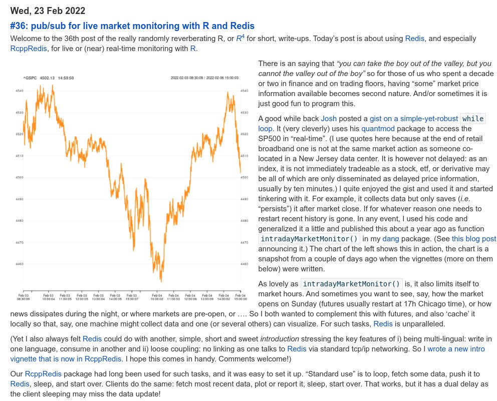 eddelbuettel's tweet photo. R^4 Post #036: pub/sub with Redis and R
Real-time financial market monitoring with R and Redis
https://t.co/0HqbaKr8Fj
#rstats #rcpp #redis 

But special thanks to @joshua_ulrich and especially (twitterless) Bryan Lewis https://t.co/VCU9izVKtX