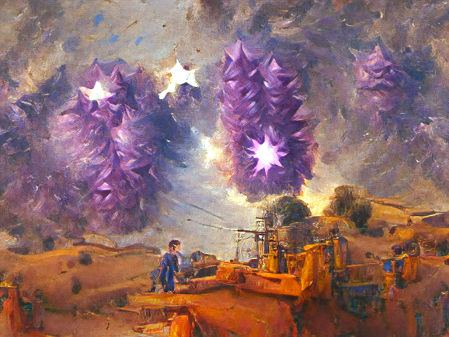 ai_curio_bot's tweet photo. adamancipators destroying drytrons in a purple, star filled, sky https://t.co/1AyhaXtcGg