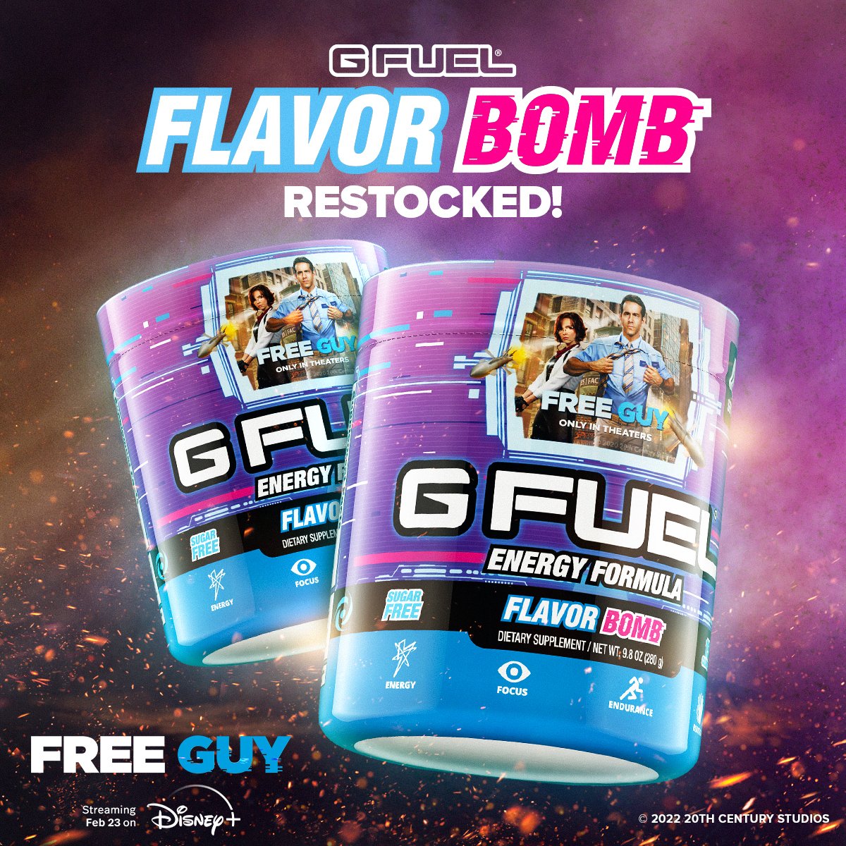 GFuelEnergy's tweet photo. 💕 👕 In celebration of @FreeGuyMovie on Disney+, "FLAVOR BOMB" is back! 𝙇𝙄𝙆𝙀 + 𝙍𝙏 to win a Tub + 4 Pack of Cans Bundle! Picking 1 lucky winner tomorrow to celebrate this action-packed restock!

🛍️ 𝙂𝙀𝙏 𝙔𝙊𝙐𝙍𝙎: https://t.co/bAQuZd89xf https://t.co/j6wrEWCTjY