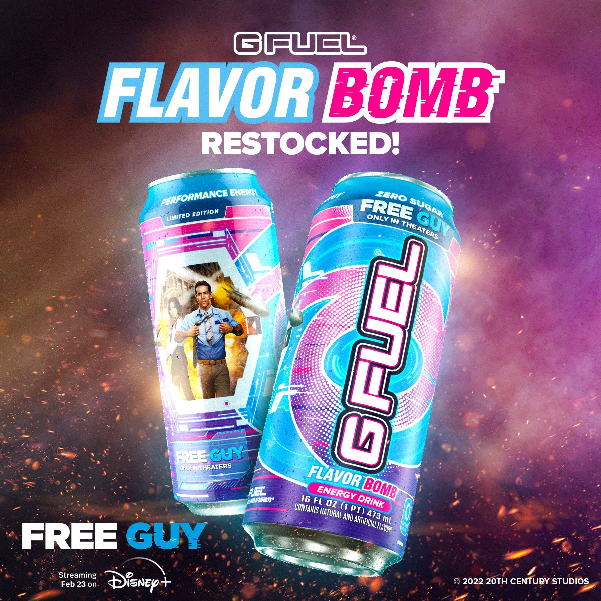 GFuelEnergy's tweet photo. 💕 👕 In celebration of @FreeGuyMovie on Disney+, "FLAVOR BOMB" is back! 𝙇𝙄𝙆𝙀 + 𝙍𝙏 to win a Tub + 4 Pack of Cans Bundle! Picking 1 lucky winner tomorrow to celebrate this action-packed restock!

🛍️ 𝙂𝙀𝙏 𝙔𝙊𝙐𝙍𝙎: https://t.co/bAQuZd89xf https://t.co/j6wrEWCTjY