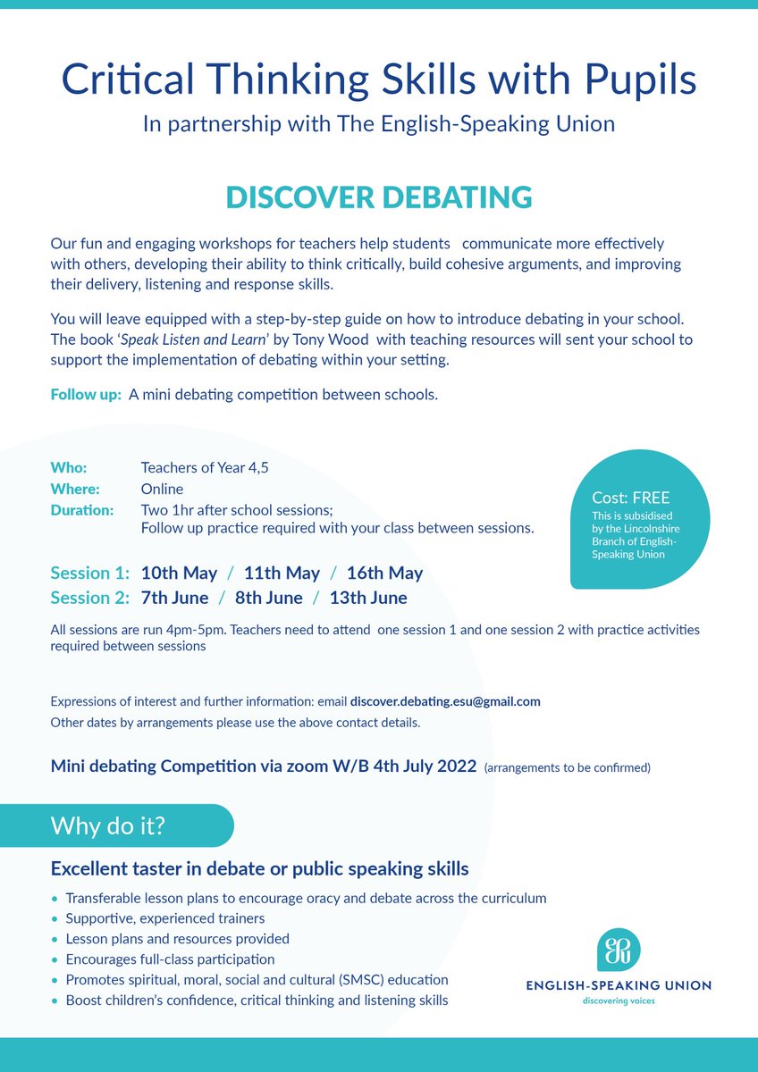 LEADTSHub's tweet photo. Do not miss a FREE opportunity to develop pupils in years 4 or 5. Language, critical thinking , debating skills … see the full link https://t.co/N2b4mpcJaI https://t.co/8HklviJ10u