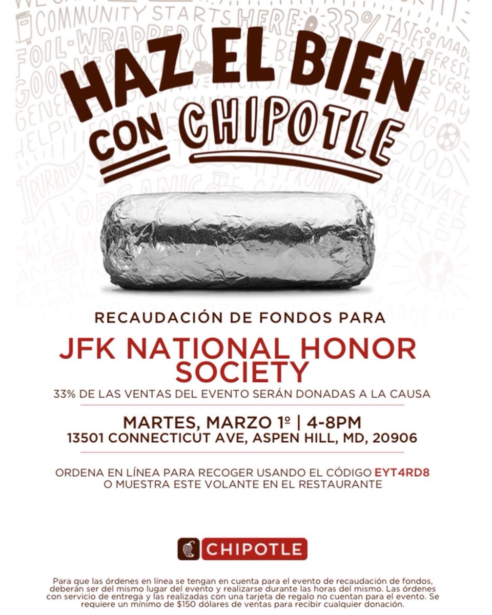 Hey NHS members! we have a Chipotle fundraiser on Tuesday, March 1st from 4-8 pm. Don't forget to bring this flyer with you. See you there!!