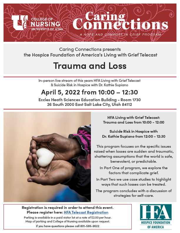 UofUCaringCon's tweet photo. Caring Connections will be presenting an in-person live stream of this year's Living with Grief Telecast on Tuesday, April 5th. 

Registration is required to attend this event. To register please click on the following link:
https://t.co/eBNvjBFwG0 https://t.co/UL3PrfLK4r