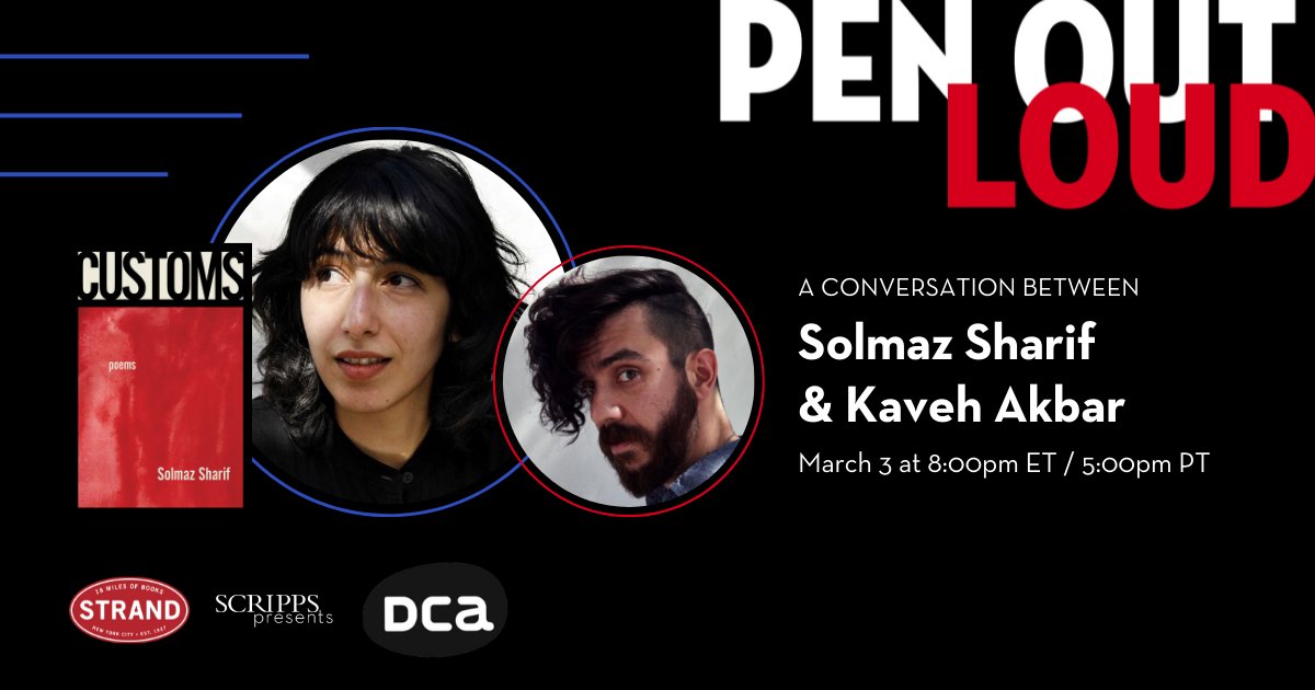 PENamerica's tweet photo. On 3/3, National Book Award finalist Solmaz Sharif will discuss her second poetry collection, CUSTOMS, with poet Kaveh Akbar for #PENOutLoud. Register for FREE here:https://t.co/q227mCLfPM https://t.co/OcN80J6EWB