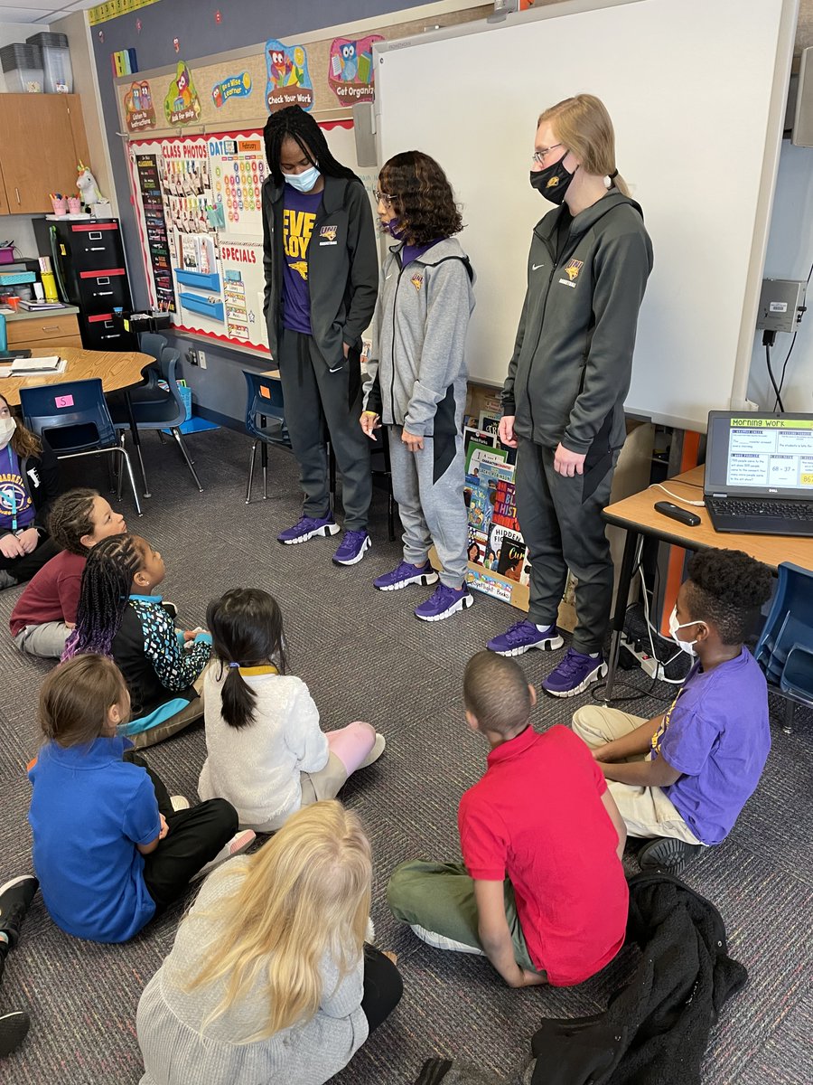 UNIwbb's tweet photo. Look who we saw today! Coach Warren, @Nicole_Kroeger, and @BreGunnels stopped by Mrs. Bakula's class to talk about Black History Month. This is the 2nd grade class where @karli_rucker is student teaching for the semester and we were happy to visit this morning!

#EverLoyal https://t.co/03azac90jd