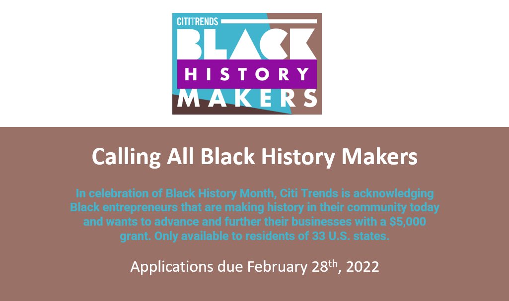 ACECapitalGA's tweet photo. Citi Trends wants to advance and further the businesses of Black entrepreneurs with a $5,000 grant. Only available to residents of 33 US states. Applications due 2/28/2022. Learn more at https://t.co/g6syKbBHWr.
#acecdfi #cititrends #cititrendsbhm https://t.co/SjCRri5gdl