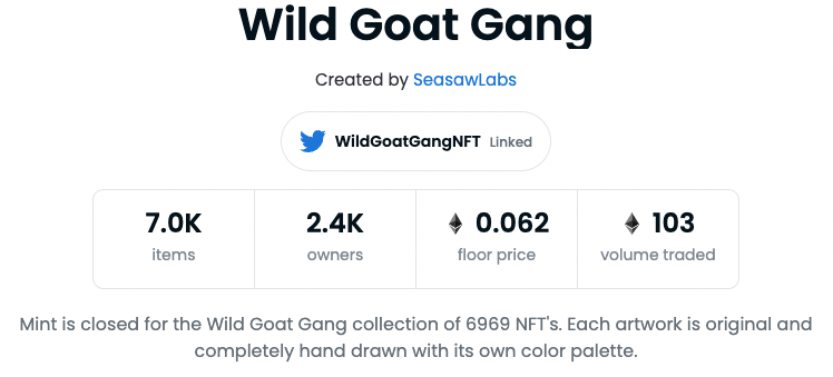 WildGoatGangNFT's tweet photo. Traded Volume has surpassed 100 ETH.

Thank you gang! 🙏 

Documents needed for OpenSea verification have been submitted. The expected response time is 5 business days.

Stay tuned... https://t.co/37vFh5BTFB