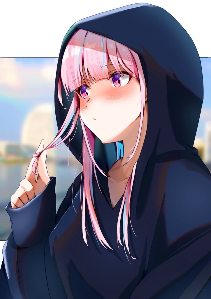 1girl hood solo pink hair blush long hair hoodie  illustration images