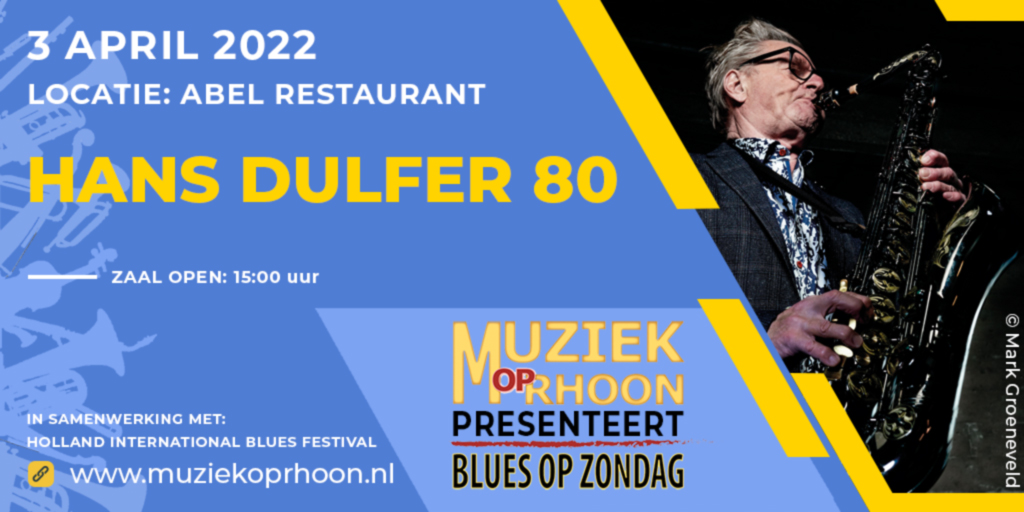 Blues op Zondag met Hans Dulfer staat nu in de agenda! Wie is er niet groot geworden met de genadeloze saxsound van Hans Dulfer? Op zondag 3 april zij hij en zijn band voor heerlijke muziek zorgen. Zijn jullie erbij?