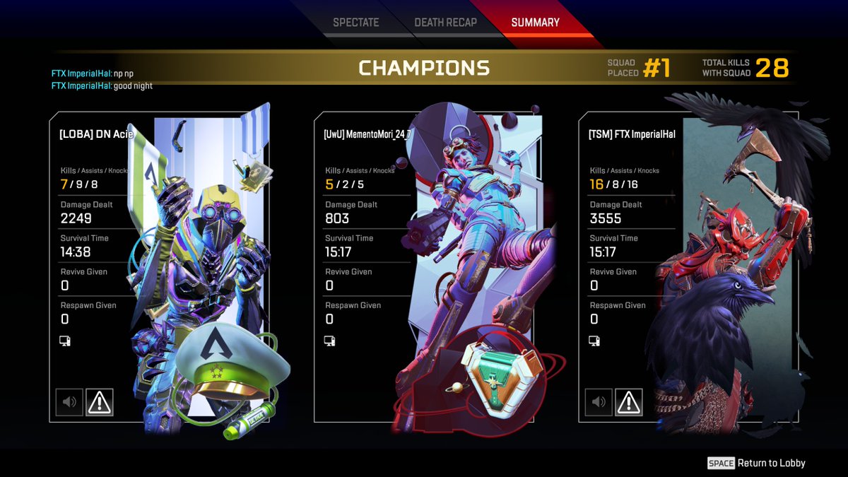 MementoTweets's tweet photo. @PlayApex I randomly queued up with @ImperialHal and @AcieTwitch on the last night of the Genesis Event. I just needed a few more kills to get the Genesis Juggernaut badge. We hot dropped in Skull Town and won. Best game of my life.❤️ #ApexLegends3rdBirthday #RespawnGiveaway https://t.co/m8NMlj8Ym9