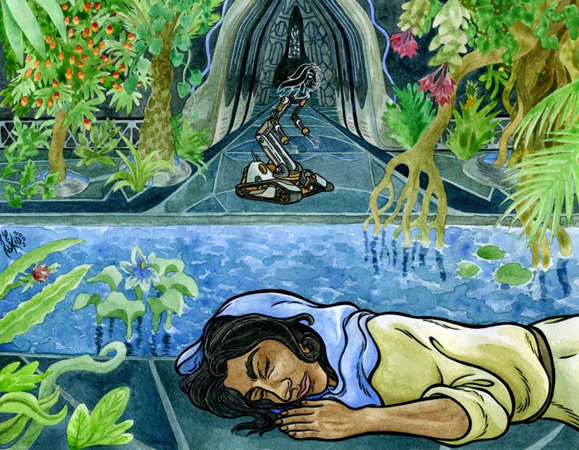 Illustration for a fanfiction by my wonderful partner <a href="/laughingpinny/">Eva</a> about the groundbreaking <a href="/HeavensVault/">Heaven's Vault</a> archiveofourown.org/works/35749681

A post-ending story, with Enkei mounting guard as Aliya takes a nap. Doesn't she look sweet at least while she sleeps? 

#Inkle #indiegames #fanart