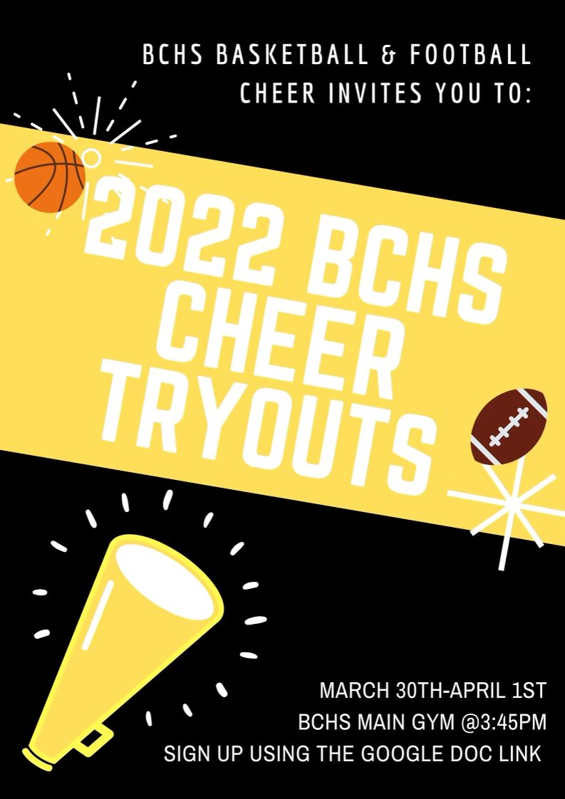 Cheer tryouts for 2022-2023 season. Sign up at forms.gle/XsU7tYMe7eCcYW…