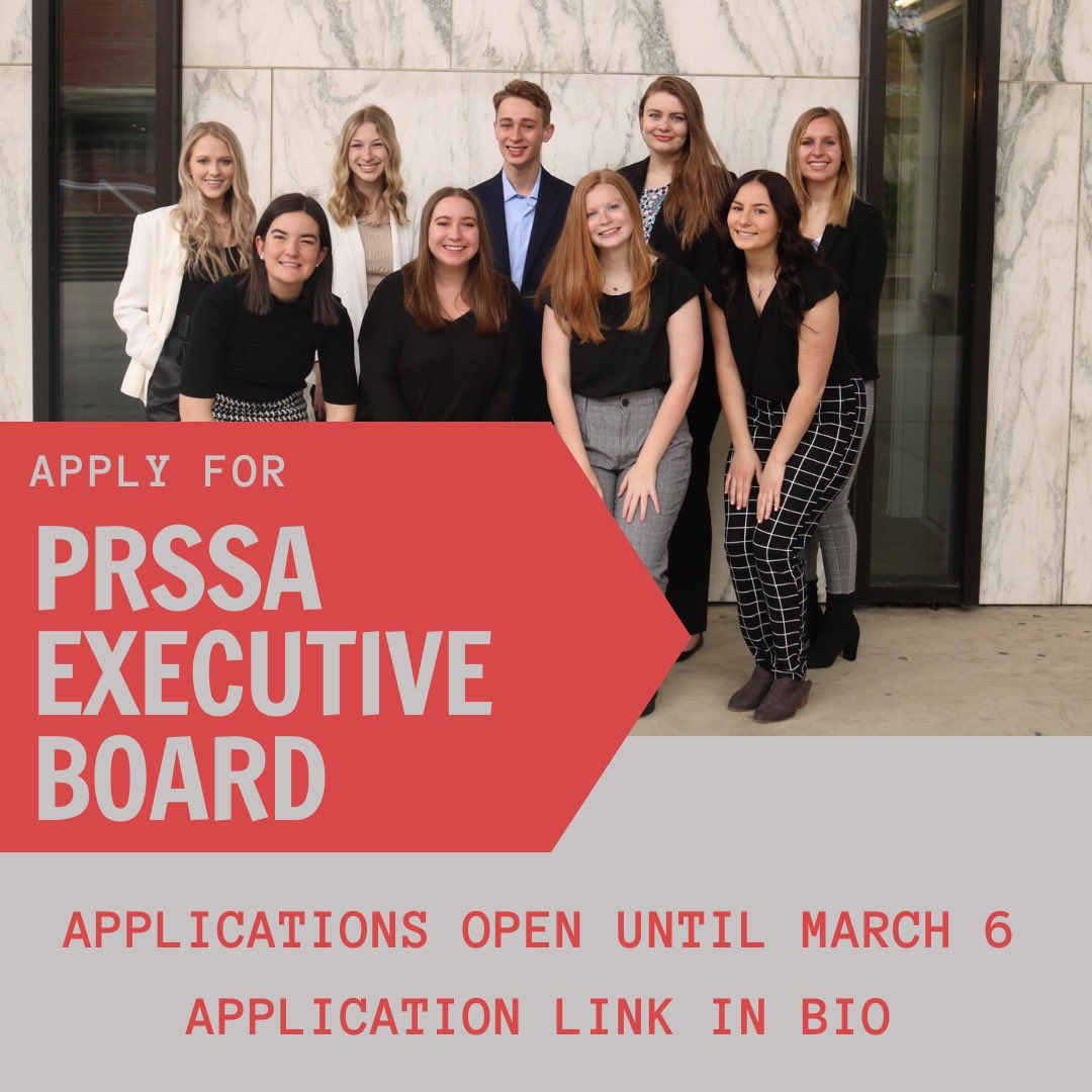 ‼️EXECUTIVE BOARD‼️

Interested in being a leader in PRSSA? Apply to be on the executive board! The application is OPEN and linked in our bio. If you have any questions, feel free to reach out to a current board member! 🤩

NOTE: ALL APPLICATIONS ARE DUE MARCH 6, 2022

#prssa