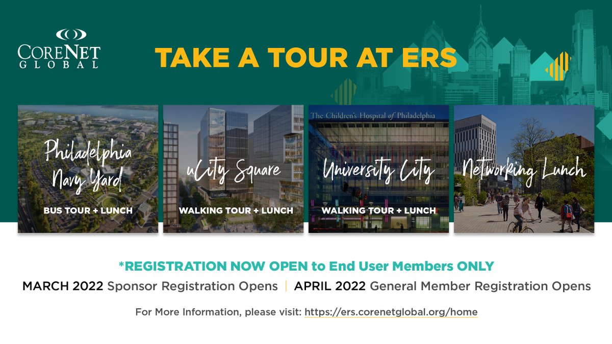 CoreNetERS's tweet photo. Take a Tour at ERS! Register today for one of 3 exciting Philadelphia real estate tours before they are sold out! Space is limited. You must be registered for the symposium in order to register for a tour. For more information, please visit: https://t.co/v3o1v4tvXb
#CoreNetERS22 https://t.co/GEUE5ZDH7l