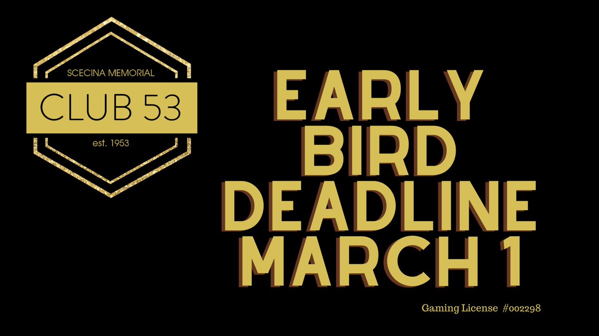 ScecinaNow's tweet photo. There is still time to get your early bird tickets to Club 53 and be automatically entered for a chance to win $500 in March 2 raffle drawing. Your cash or check payments must be received by 5 pm March 1.
Visit https://t.co/HrFx5qZVcG #EarlyBird #HaveFunAgain #Club53 https://t.co/0tlKDTqqMK