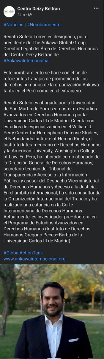 #NOMBRAMIENTO 

<a href="/ankawaintl/">The Ankawa Global Group</a> designa a <a href="/RenatoSoteloT/">Renato Sotelo Torres</a> como nuevo Director Legal de <a href="/cdbankawa/">Centro Deizy Beltran</a>.

Este nombramiento busca reforzar la estrategia promoción de ddhh de <a href="/ankawaintl/">The Ankawa Global Group</a>.

👇