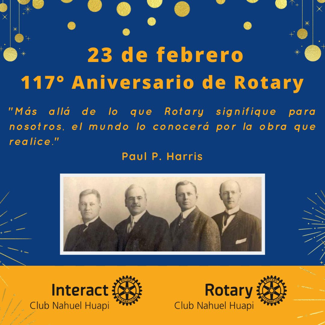 RHuapi's tweet photo. Celebramos el 117° Aniversario de Rotary International como organización de servicio.

Saludamos a todos los Rotarios, Rotaractianos, Interactianos y Familia Rotaria por su incansable labor y compromiso para con la Comunidad.

@Interact_NH_ https://t.co/r4iuAqr3Bq