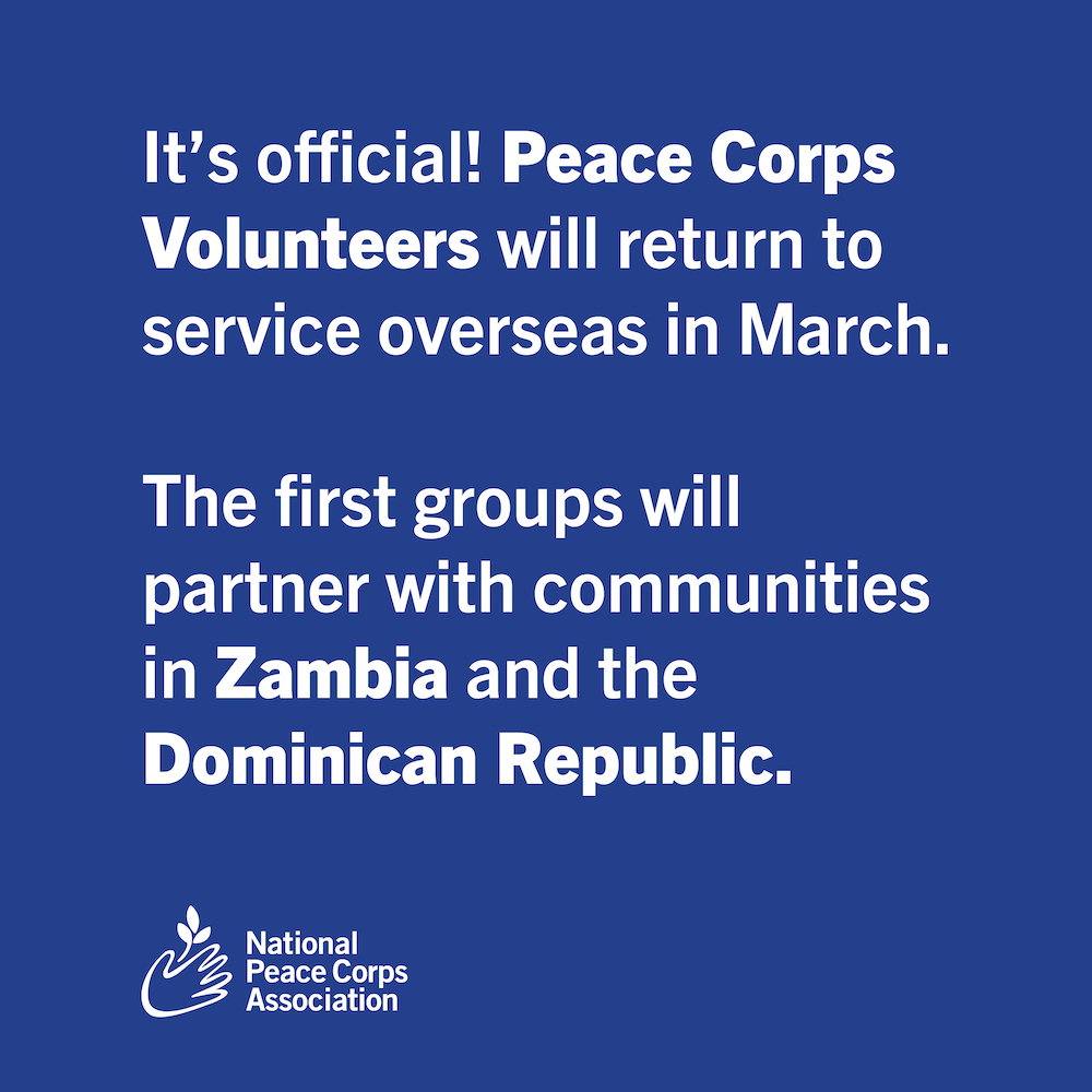 #PeaceCorps #Volunteers will return to service overseas in March. The agency made that official this week. First groups of Volunteers will work with communities in #Zambia and the #DominicanRepublic. 1/4