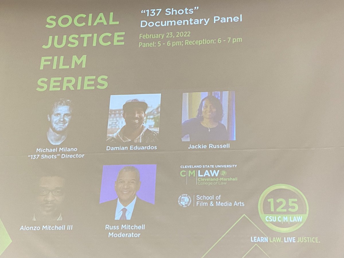 FiniRose's tweet photo. @CMLAWSchool discussing the Williams/Russell tragedy, race, police reform and social Justice story telling in “137 Shots.”  @CleMetroBar one sponsor of this critical forum. https://t.co/y8MtF68qNf