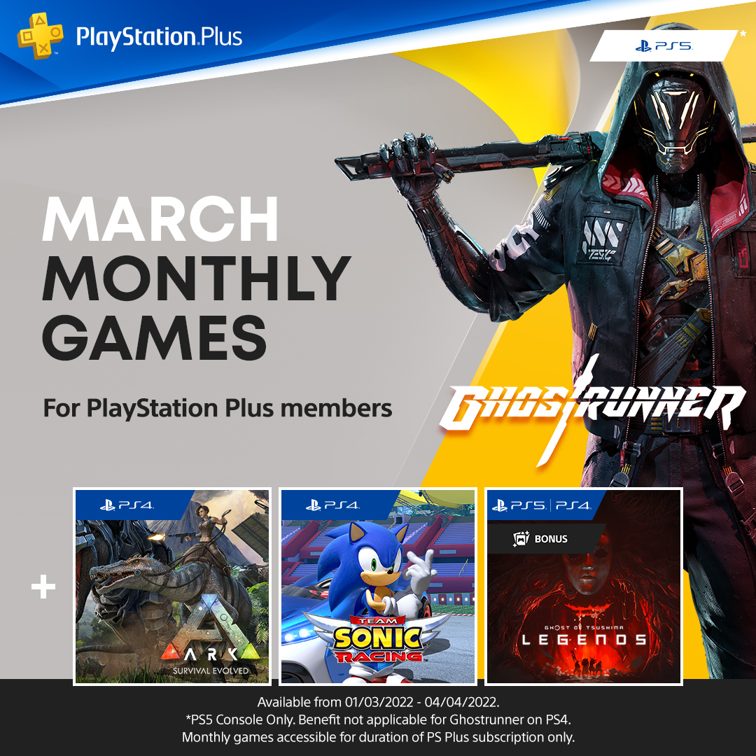 PlayStation AU on Twitter: "Your PS Plus games for March: 🤖 Ghostrunner 🦖  Ark: Survival Evolved 🏎️ Team Sonic Racing Annnnnd... Ghost of Tsushima:  Legends thrown in as a bonus! https://t.co/nsAFWZPAQd" /