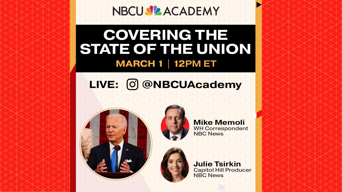 POLITICS: Tues. March 1, 12pm ET Learn how @NBCNews preps to cover #POTUS' #SOTU! @mikememoli & @JulieNBCNews join us LIVE for an Instagram livestream. Tune in: we're @NBCUAcademy on IG too!