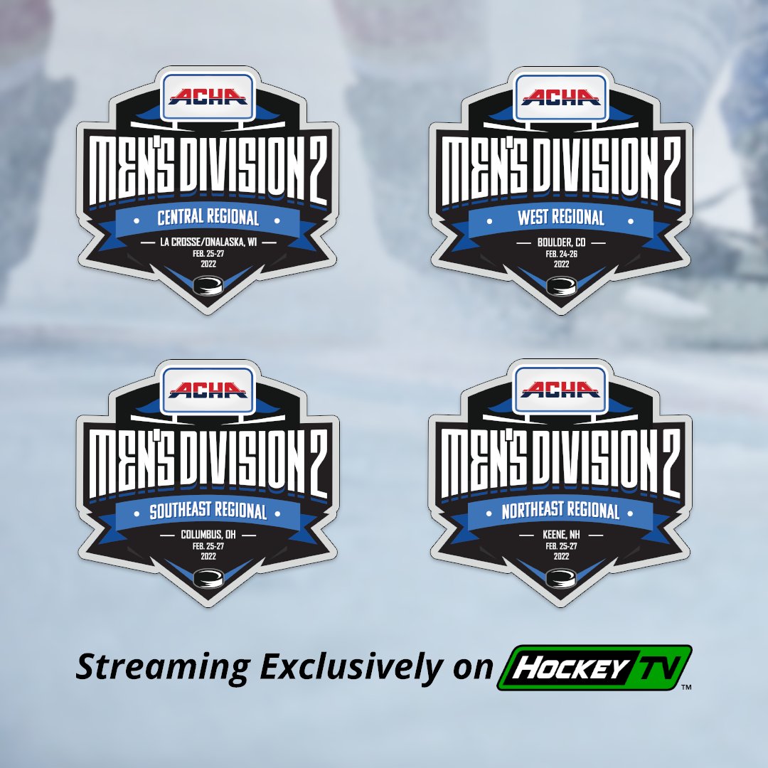 The 2022 American Collegiate Hockey Association Men's Division 2 Regional Championship is taking place from February 24 – 27 across the United States and will be streaming live and on-demand, exclusively on HockeyTV.

hockeytv.com/events/elite

<a href="/ACHAHockey/">ACHA Hockey</a>
#ACHA #Hockey #HockeyTV
