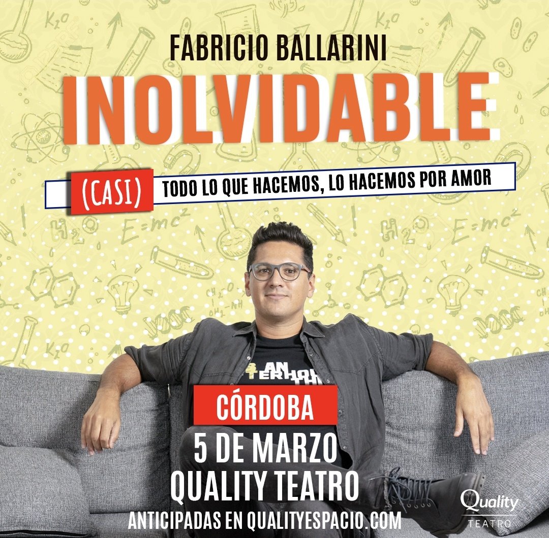 Hey Córdoba allá voy:
INOLVIDABLE, (casi) todo lo que hacemos, lo hacemos por amor. Un show de ciencia y humor sobre el amor.

ticketek.com.ar/fabricio-balla…

Los fondos recaudados se usaran para financiar la próxima jornada <a href="/edualcerebro/">Educando al Cerebro</a> en Córdoba (la cual será gratuita como siempre)