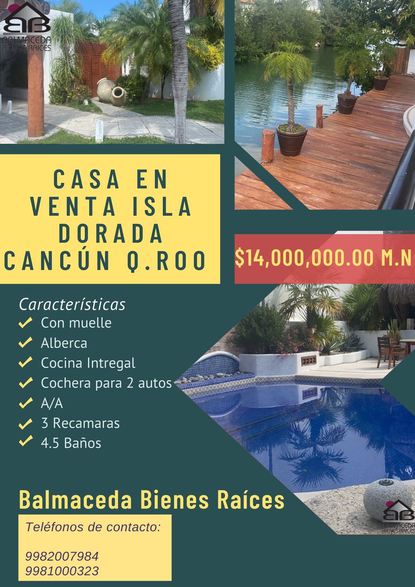 Residencial en isla dorada, frente al canal, Con muelle, alberca, palapa, Cocina integral, área de lavandería, cochera , A/A, Ventiladores, 3 Recamaras, 4.5 Baños, Terraza.
820 t, 620 Const medidas aprox.
Precio: 14,000,000.00 M.N.

TELEFONOS:
9981000323
9982007984