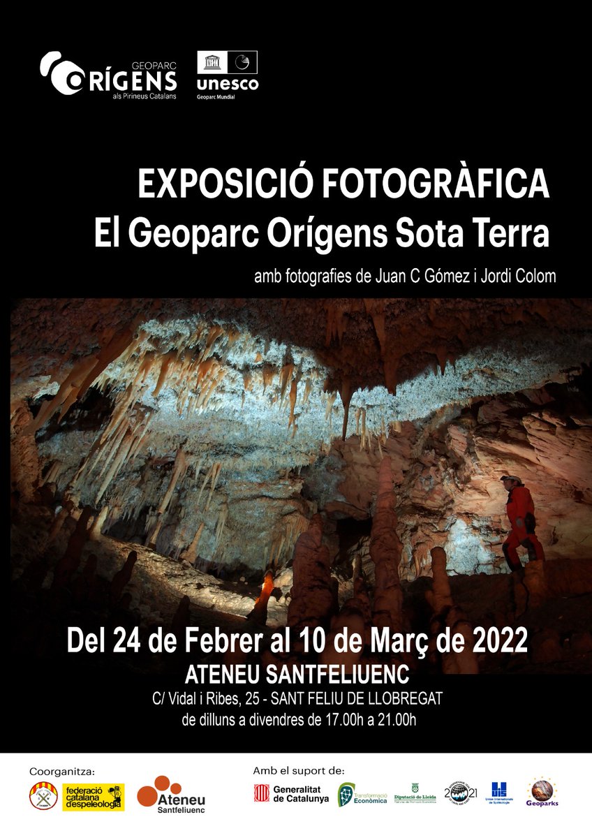 Tenim nou compte de tuiter!!!
Ens complau anunciar-vos que demà inaugurem l'Exposició Fotogràfica
"El Geoparc Orígens Sota Terra" 
Us hi falteu!!
#SantFeliudellobregat
<a href="/espeleocat/">Federació Catalana d'Espeleologia</a>