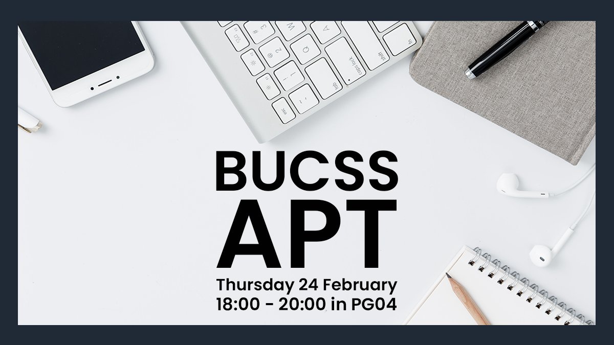 Come join us this week for APT!

This Thursday 6pm-8pm in PG04!

Please remember to bring a face covering, unless exempt! 

bucss.net/discord