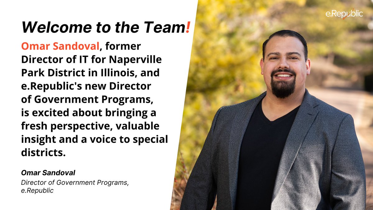 eRepublic's tweet photo. Welcome to the e.Republic Team, Omar Sandoval! We are so excited to have him as our new Director of Government Programs. https://t.co/Mx2r0qdYa1