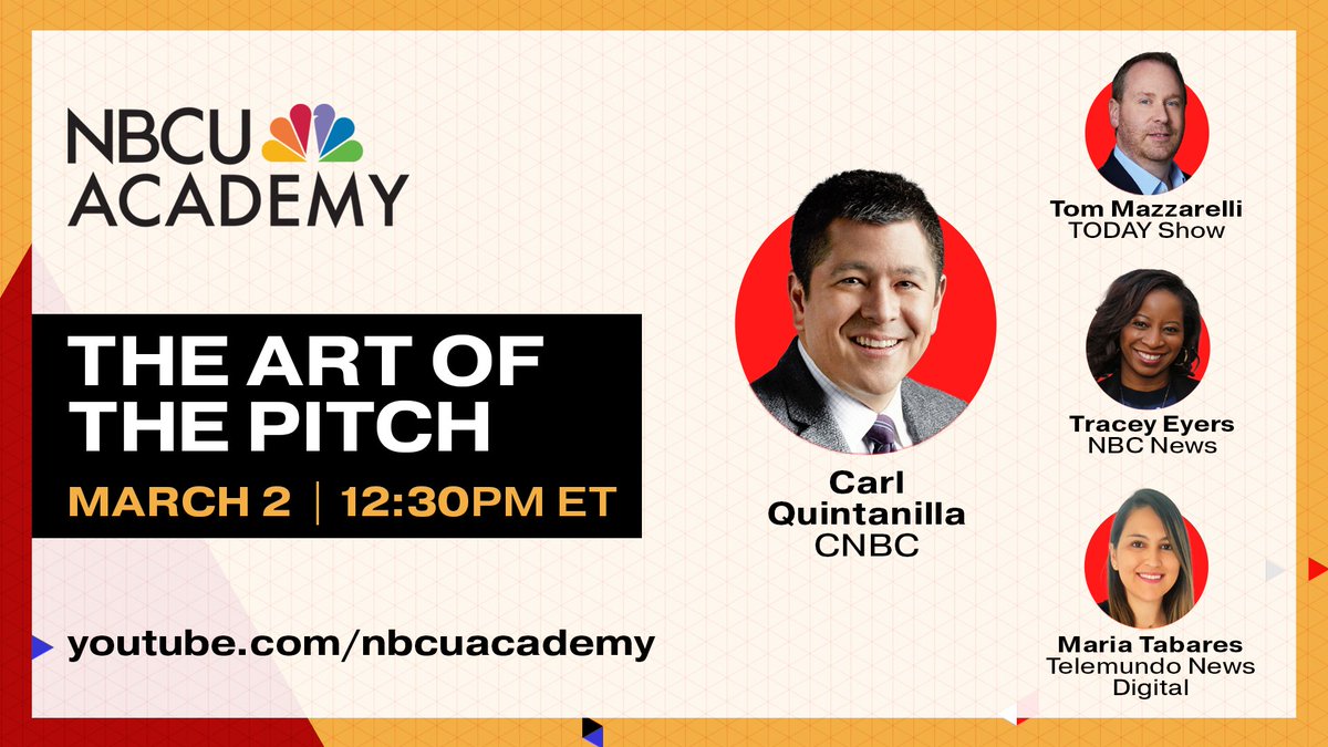 JOURNALISM SKILLS: Wed. March 2, 12:30pm ET! Turn story ideas into news assignments! Join our LIVE panel on the art of PITCHING with: @CNBC anchor @carlquintanilla @TODAYshow's @TMazzarelli @NBCNews' @TeyersBK & @TelemundoNews' @MariaLuTabares Tune in: nbcuacademy.com/catalog/pitch-…