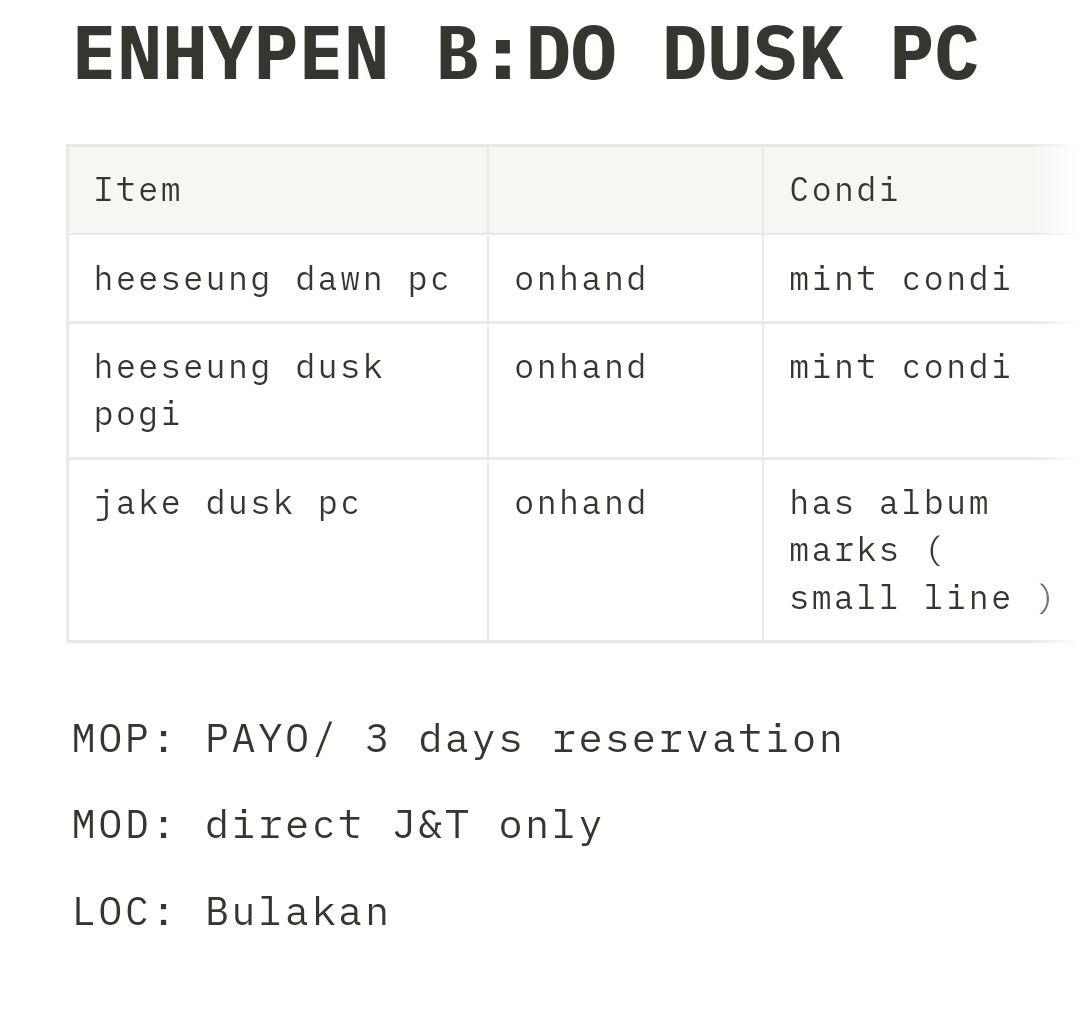 wts lfb ph [ #hajinsells ]

enhypen b:do photocard
⌲ heeseung dawn pc
⌲ heeseung dusk pc
⌲ jake dusk pc

payo / 3 days reservation
MOD: direct j&amp;t

reply "mine" or dm to claim!

t. enhypen border day one heeseung dawn pc jake pc dusk b:do wts lfb ph
help rt