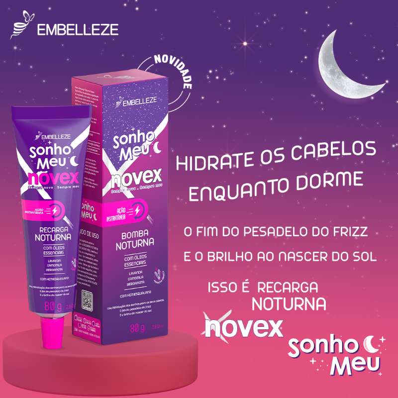 Embelleze's tweet photo. É isso que eu chamo de sono de beleza. Marque a cansadinha que merece uma dose extra de hidratação, brilho e maciez nos cabelos com a #RecargaNoturna #NovexSonhoMeu. 👇 Compre online: https://t.co/5xpri95HJ1 😴🌃 #HidrataçãoDosSonhos #Embelleze #Novex