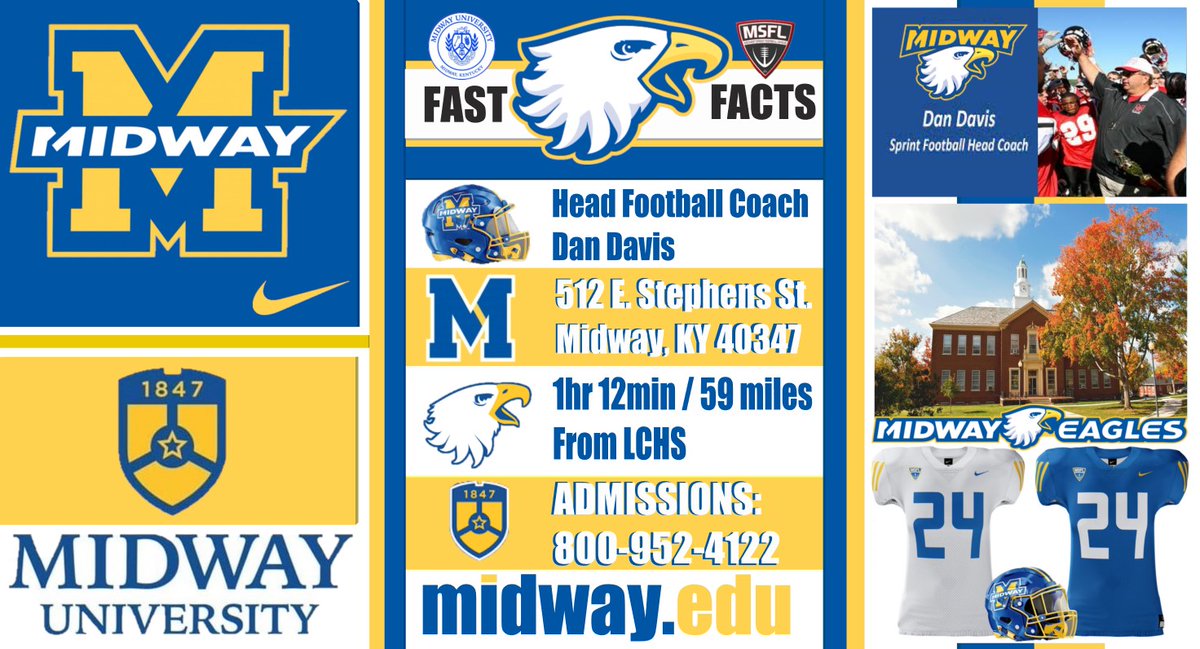 LCFB_Recruiting's tweet photo. Fast Facts: Midway University: @midway_sprint 
Head Coach: Dan Davis 
Team Website: https://t.co/5G6O2yc81v
Recruit Form: https://t.co/ovv8ifD9F1
Offers @LC_Patriots: 
Ben Harris @Benharris_19 
Caleb Morgan @CalebMo24076059 
#MidwayU #GoMidwayEagles https://t.co/CLevE9VeKP