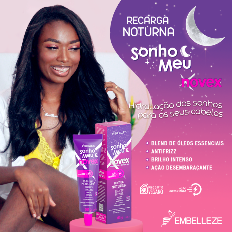 Embelleze's tweet photo. É isso que eu chamo de sono de beleza. Marque a cansadinha que merece uma dose extra de hidratação, brilho e maciez nos cabelos com a #RecargaNoturna #NovexSonhoMeu. 👇 Compre online: https://t.co/5xpri95HJ1 😴🌃 #HidrataçãoDosSonhos #Embelleze #Novex