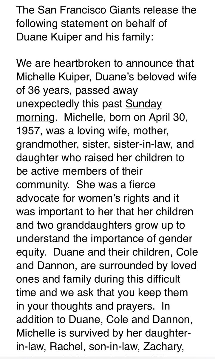 susanslusser's tweet photo. Oh no, more heartbreaking news, Duane Kuiper’s wife, Michelle, died on Sunday, the Giants have announced. Deepest condolences to all of the Kuiper family and to all who know and love them. https://t.co/rRbyQd2W9n