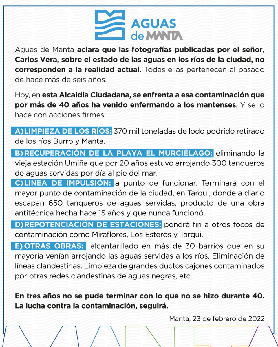 AguasdeManta's tweet photo. @CarlosVerareal Rechazamos enérgicamente la difusión de información descontextualizada y alejada de la realidad actual. https://t.co/eCIufaZf12