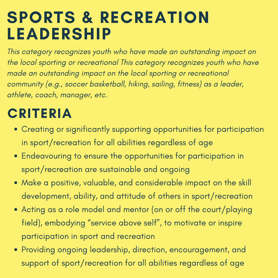 SASSYawards's tweet photo. CATEGORY SPOTLIGHT: This week we are spotlighting the Sports &amp; Recreation Leadership category!

Are you or do you know a youth aged 15-21 living, working, or volunteering in Surrey who is a young athlete making a difference?
.
.
.
#sassyawards #communityservice #surreyyouth https://t.co/Fv5ml34wBW
