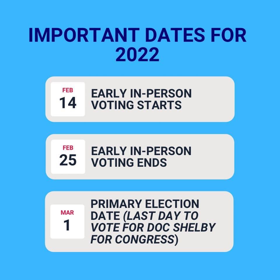 docshelby2022's tweet image. Don’t forget! Early voting ends on the 25th! The primary election date will be on March 1st.