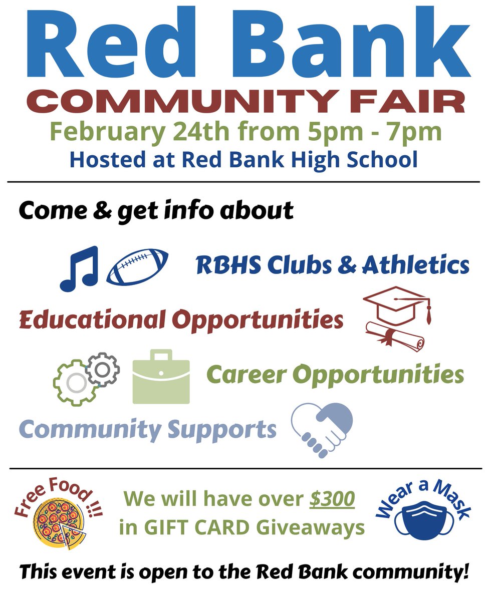 Happening Soon - We are excited to see everyone at the Red Bank Community Fair tonight from 5:00 - 7:00 PM at Red Bank High School. All are welcome! 
#RBWay #TeamRedBank #WeAreHamilton